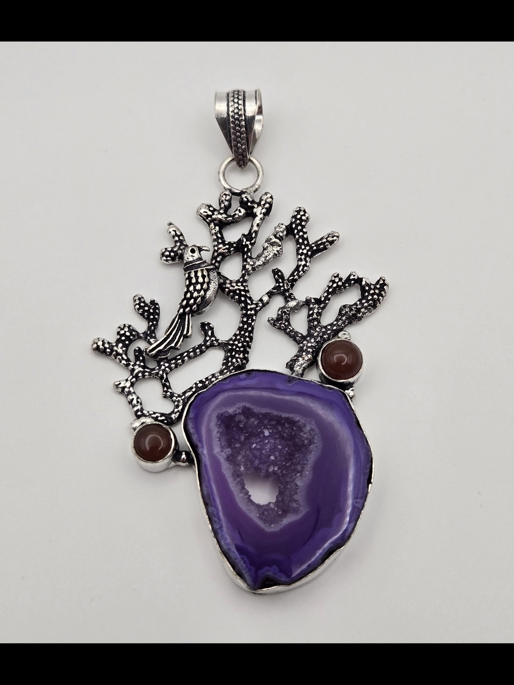 💜✨ Handmade Purple Solar Agate & Carnelian Bird Pendant ✨💜 - Picture 2 of 6